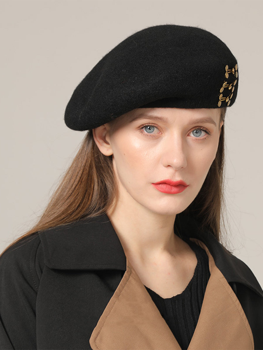 Vintage Black Rivet Woolen Beret Hat｜Awaytr®