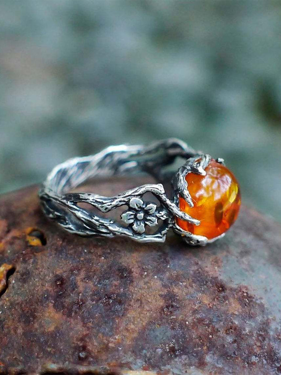 Amber Inlaid Flower Vintage Ring｜Awaytr®