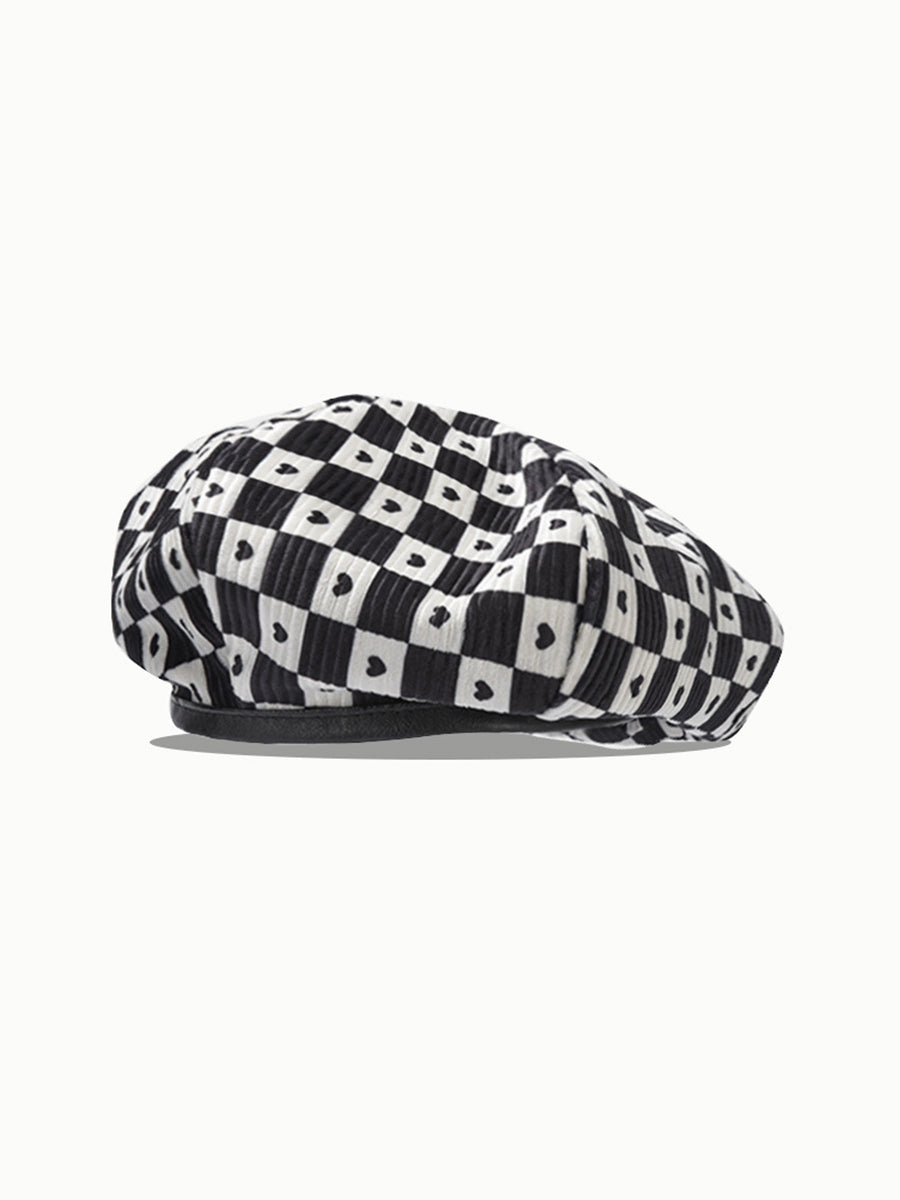 Black And White Checkered Heart-shaped Beret Hat｜Awaytr®