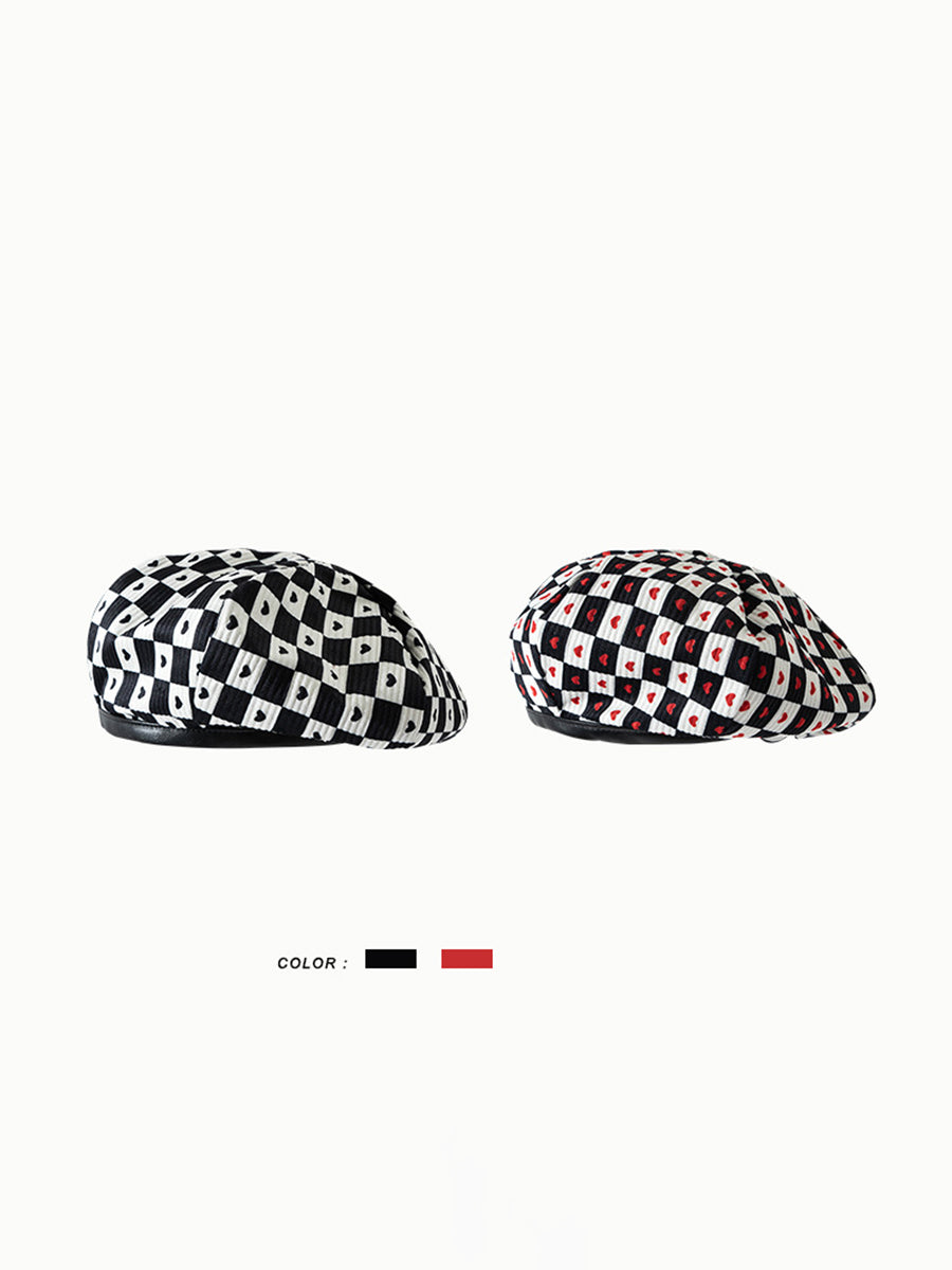 Black And White Checkered Heart-shaped Beret Hat｜Awaytr®