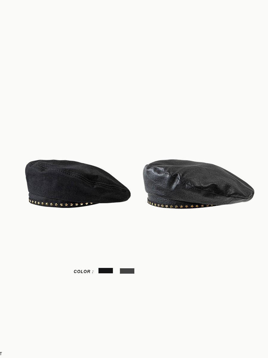 British Vintage Black Leather Star Beret Hat｜Awaytr®