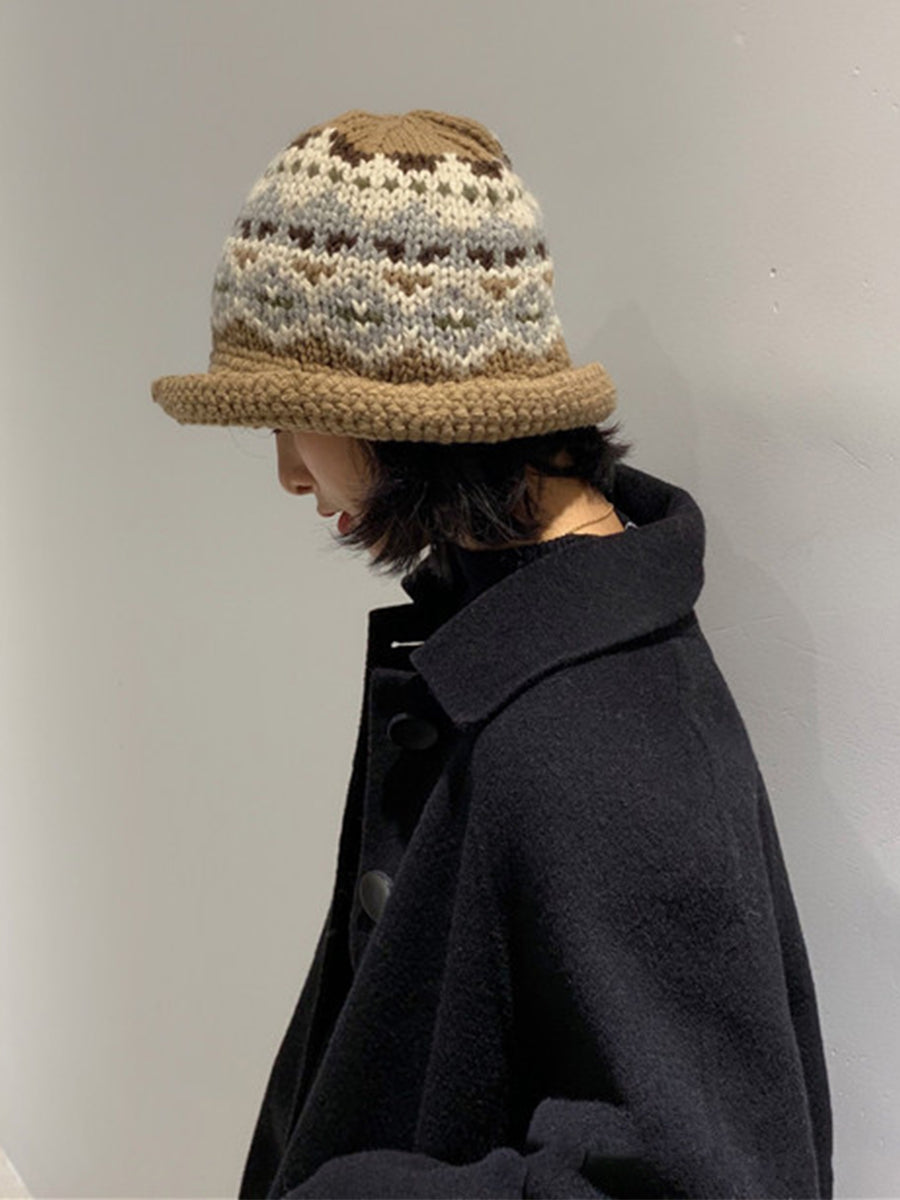 Vintage Jacquard Thick Wool Crimped Knitted Fisherman Hat｜Awaytr®