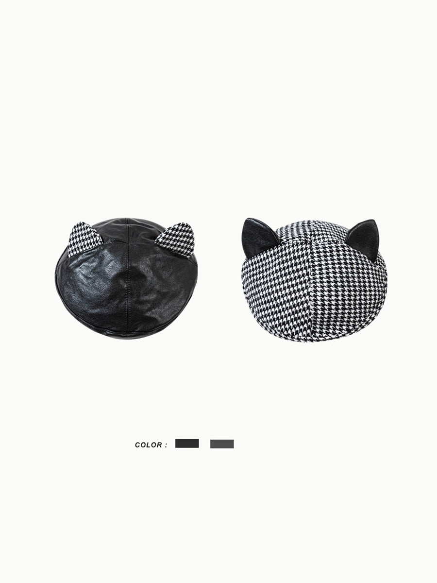 Cute Cat Ears Plaid Leather Beret Hat｜Awaytr®