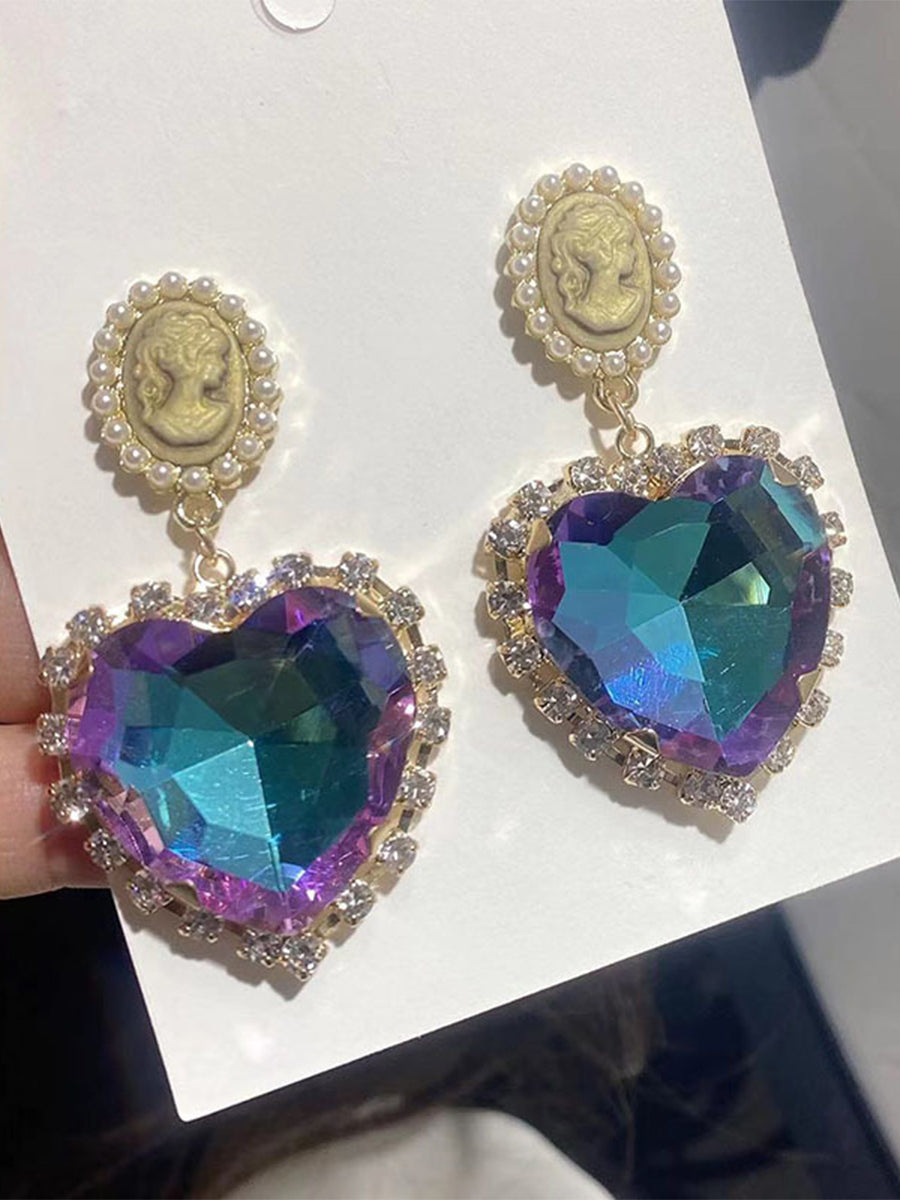 Colorful Heart Shaped Rhinestone Pearl Portrait Earrings｜Awaytr®