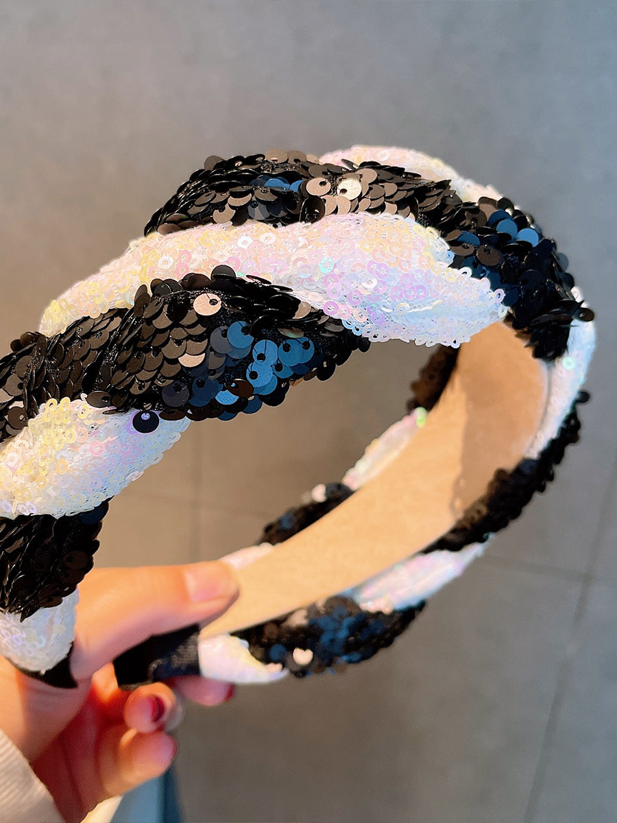 Black And White Rhinestone Sequin Twist Headband｜Awaytr®