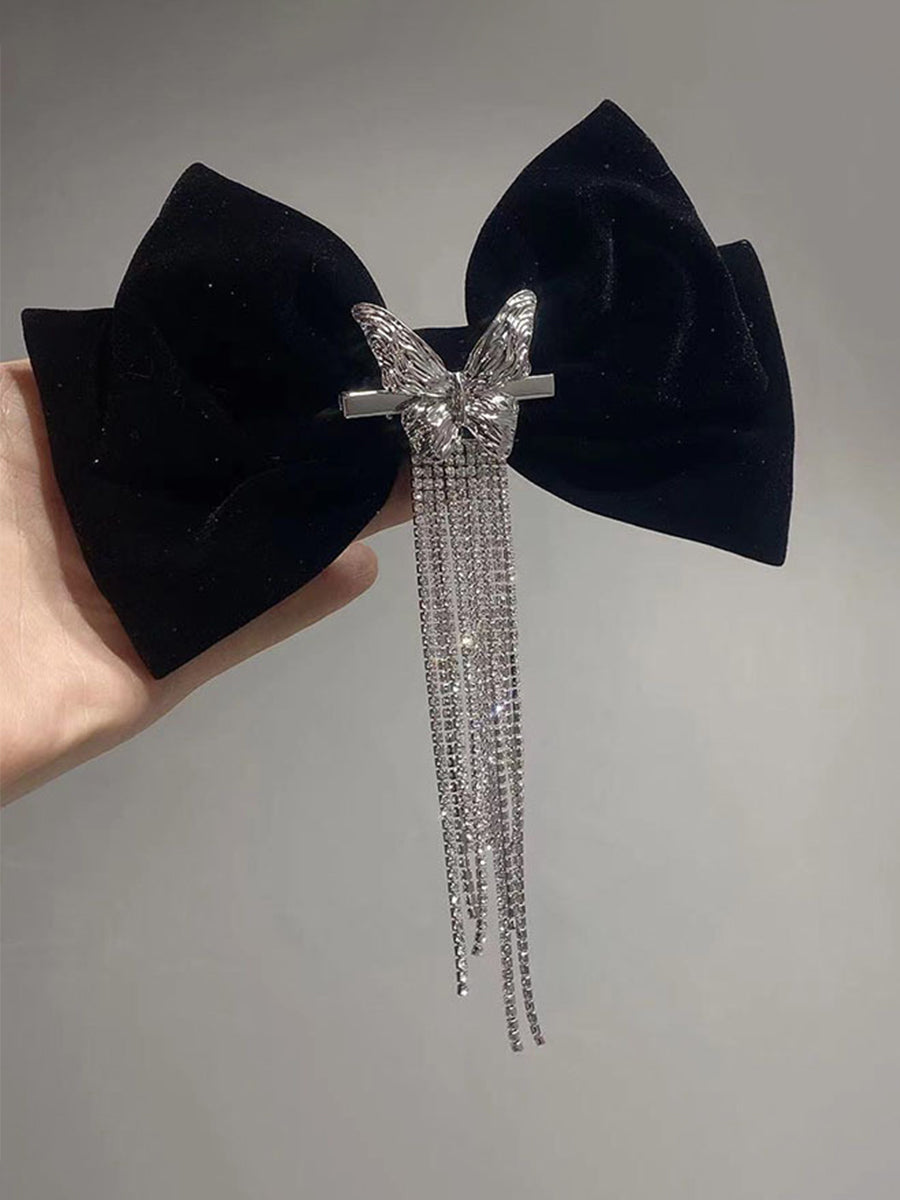 Black Bow Rhinestone Tassel Hair Clip｜Awaytr®