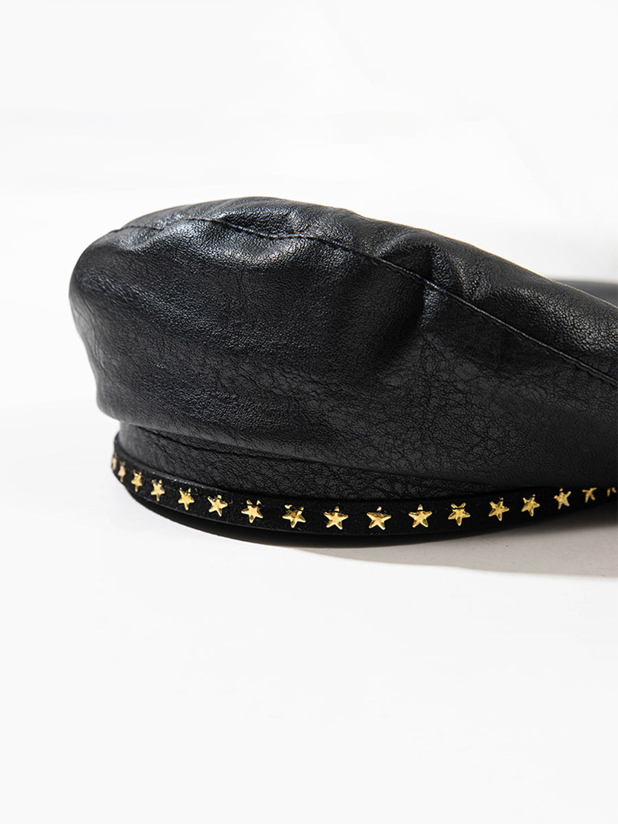 British Vintage Black Leather Star Beret Hat｜Awaytr®