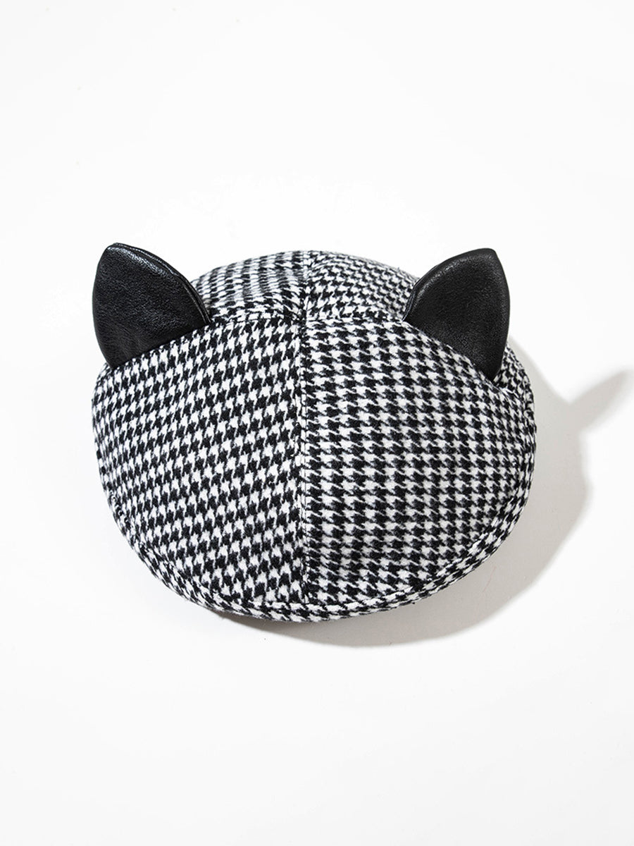 Cute Cat Ears Plaid Leather Beret Hat｜Awaytr®