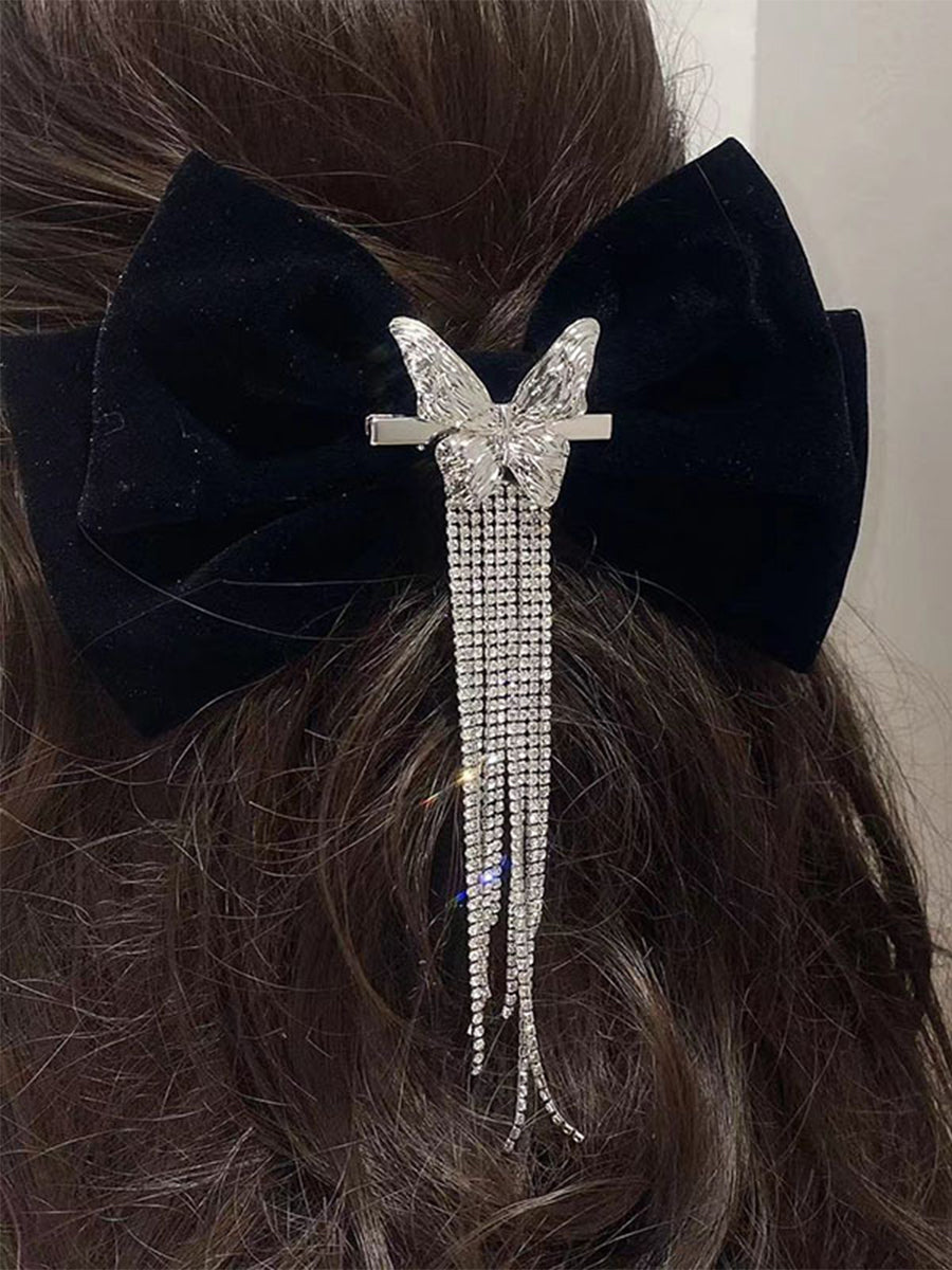 Black Bow Rhinestone Tassel Hair Clip｜Awaytr®