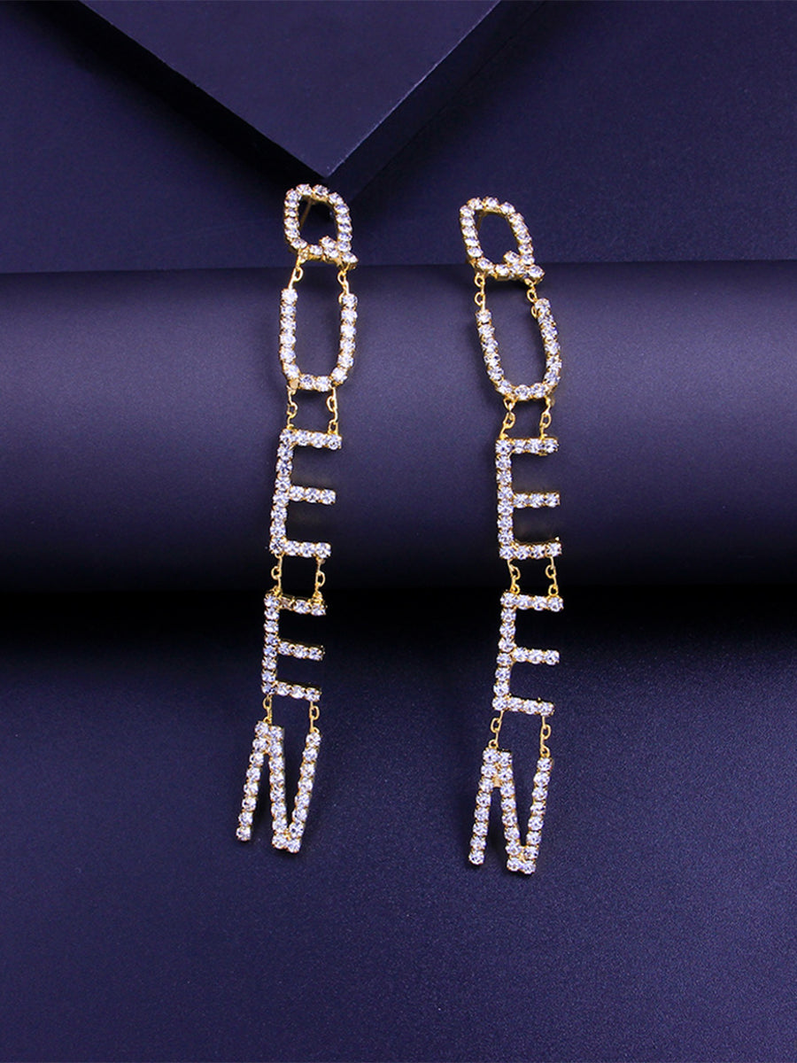 QUEEN Long Diamond Earrings with English Letters｜Awaytr®