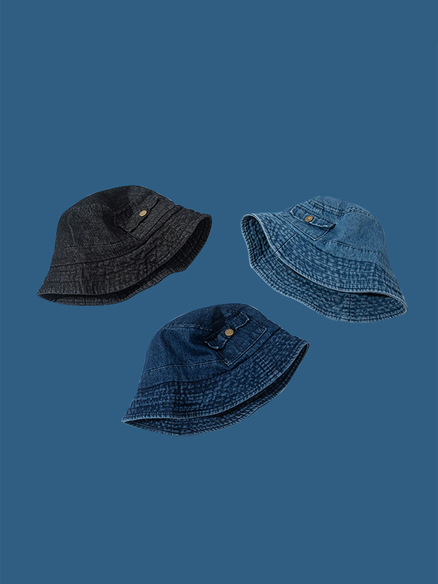 Washed Denim Flat Top Wide Brim Fisherman Hat｜Awaytr®