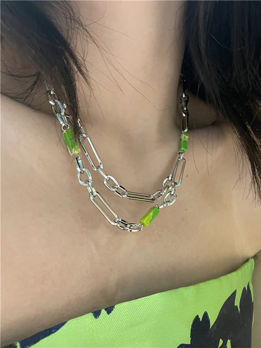 Green Cracked Stone Stitching Clavicle Chain Necklace｜Awaytr®