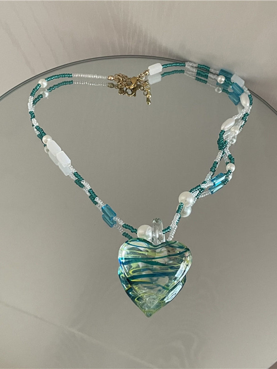 Multilayer Pearl Green Colorful Love Necklace｜Awaytr®