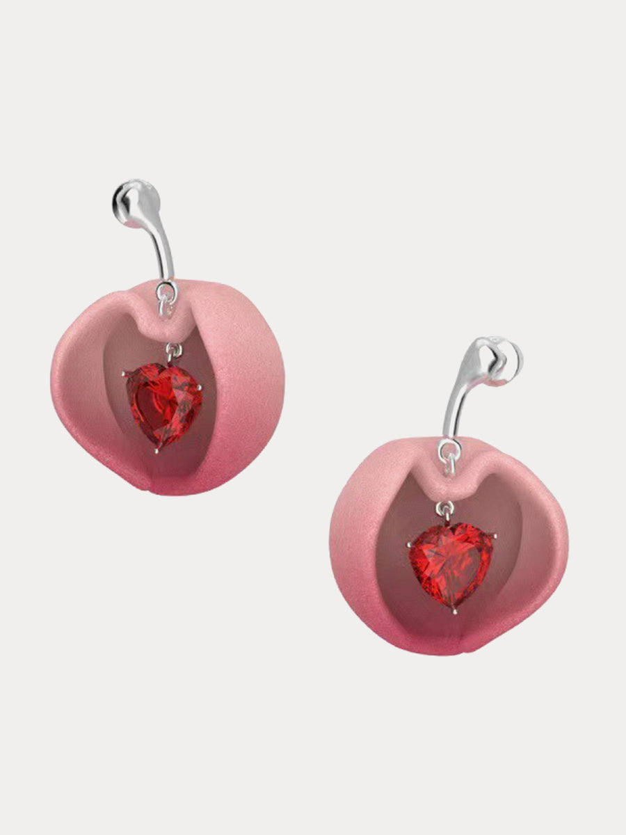 Heart-shaped Peach Red Zircon Fruit Earrings｜Awaytr®