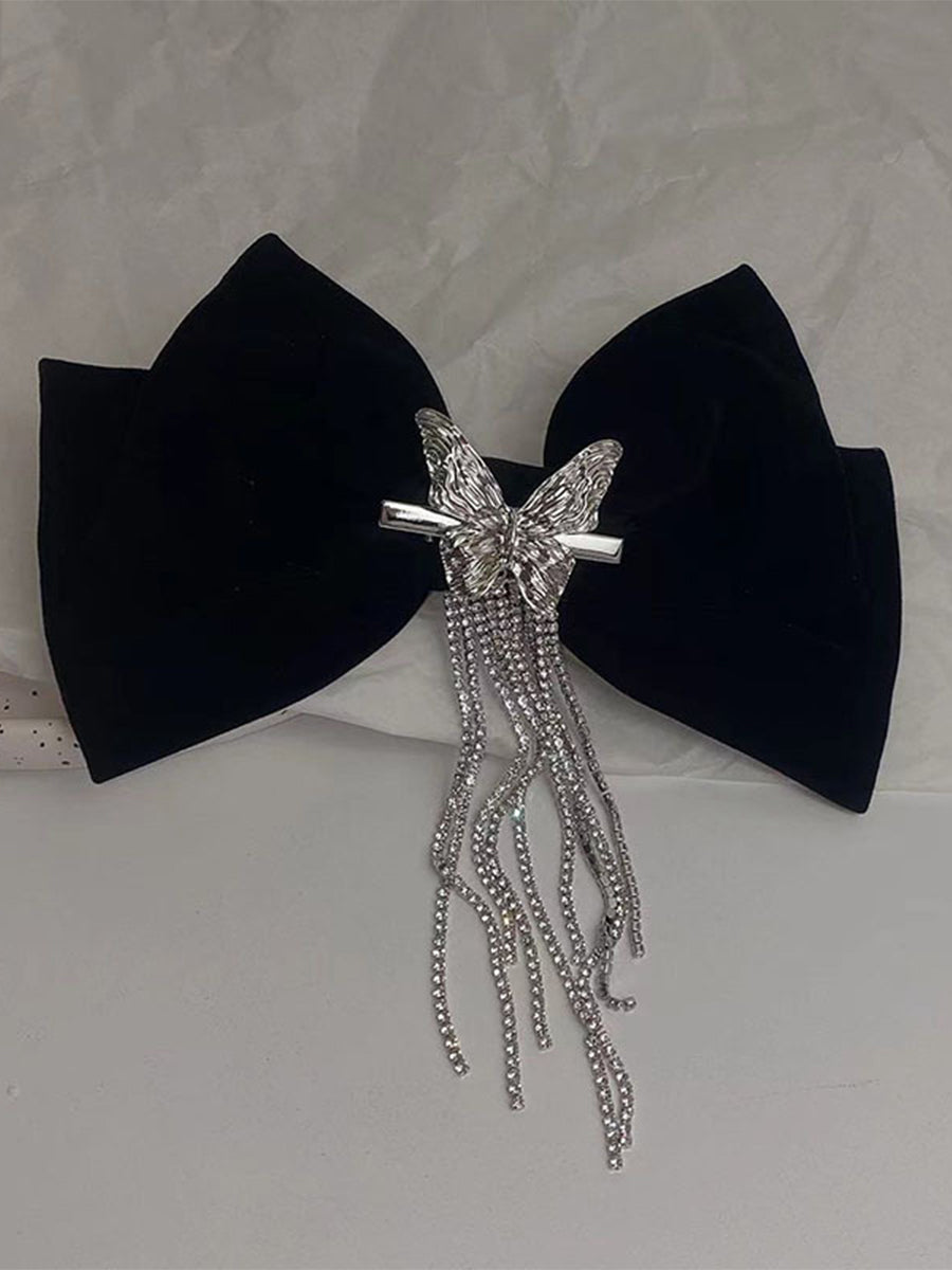 Black Bow Rhinestone Tassel Hair Clip｜Awaytr®