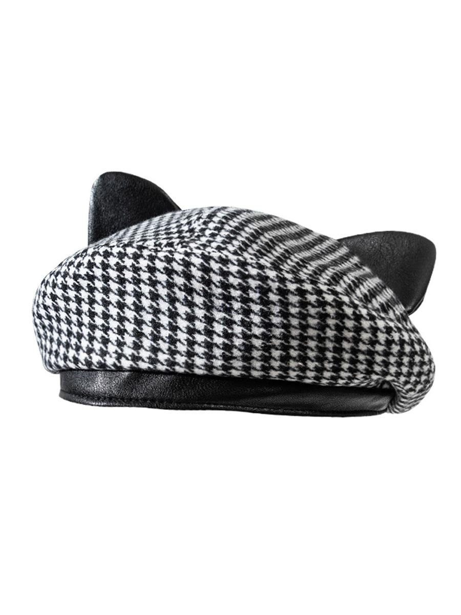 Cute Cat Ears Plaid Leather Beret Hat｜Awaytr®