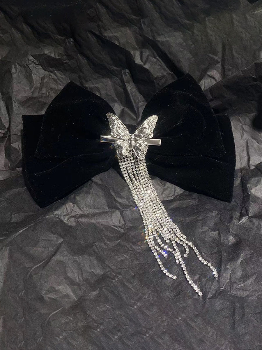 Black Bow Rhinestone Tassel Hair Clip｜Awaytr®