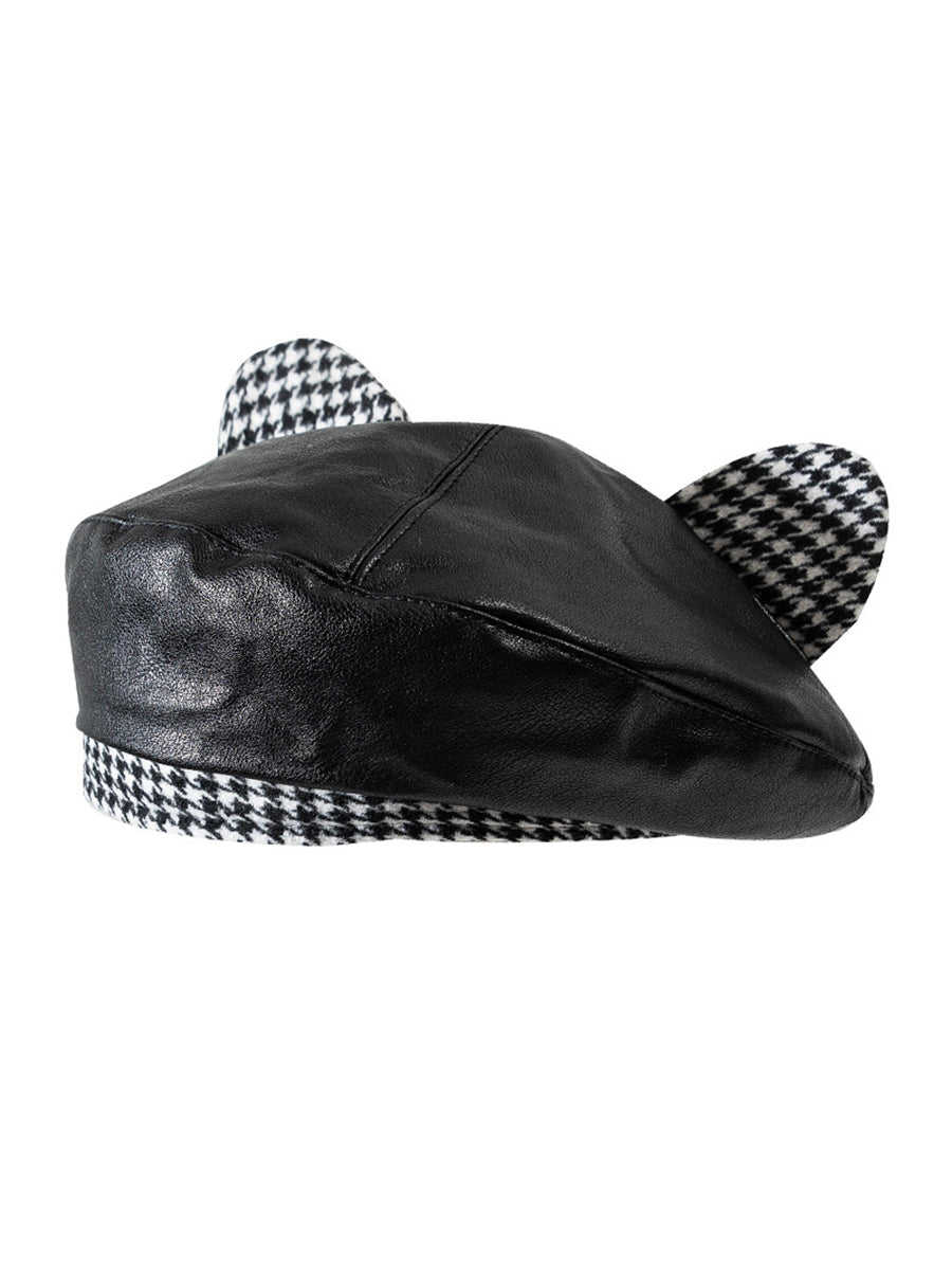 Cute Cat Ears Plaid Leather Beret Hat｜Awaytr®