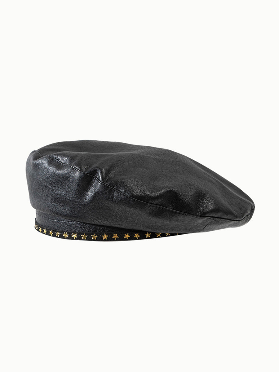 British Vintage Black Leather Star Beret Hat｜Awaytr®