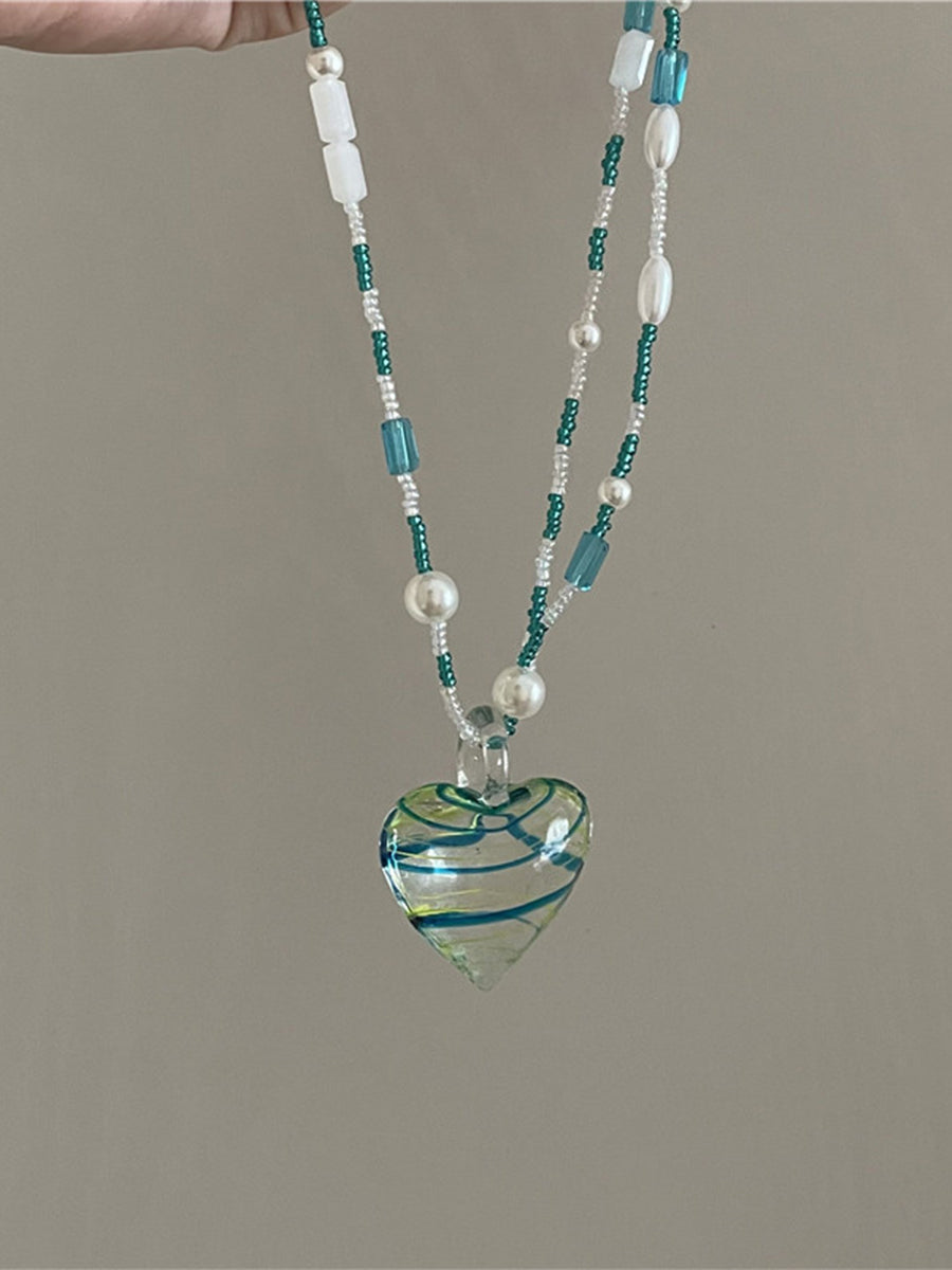 Multilayer Pearl Green Colorful Love Necklace｜Awaytr®