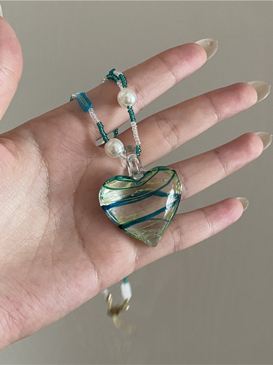 Multilayer Pearl Green Colorful Love Necklace｜Awaytr®