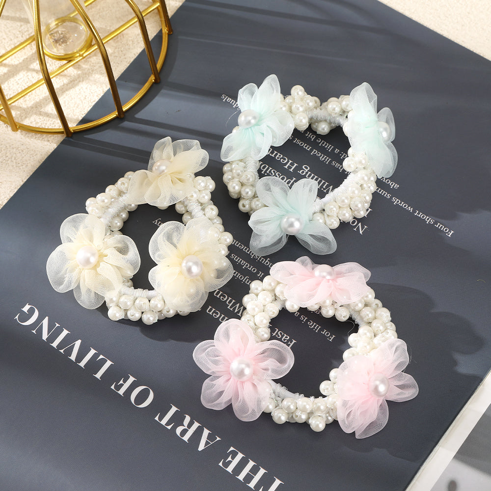 【Awaytr】CB1276 Mesh Pearl Flower Hair scrunchies