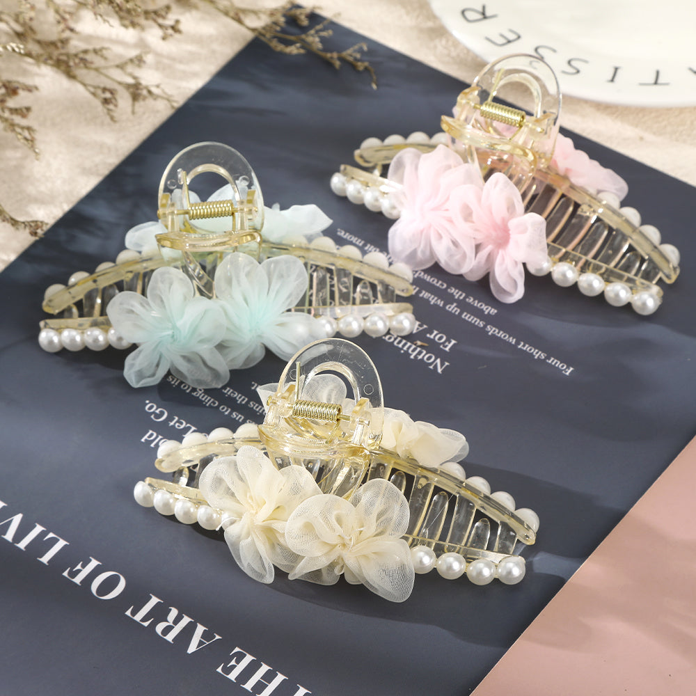 【Awaytr】CB1273 12cm Mesh Flower Pearl Hair Comb