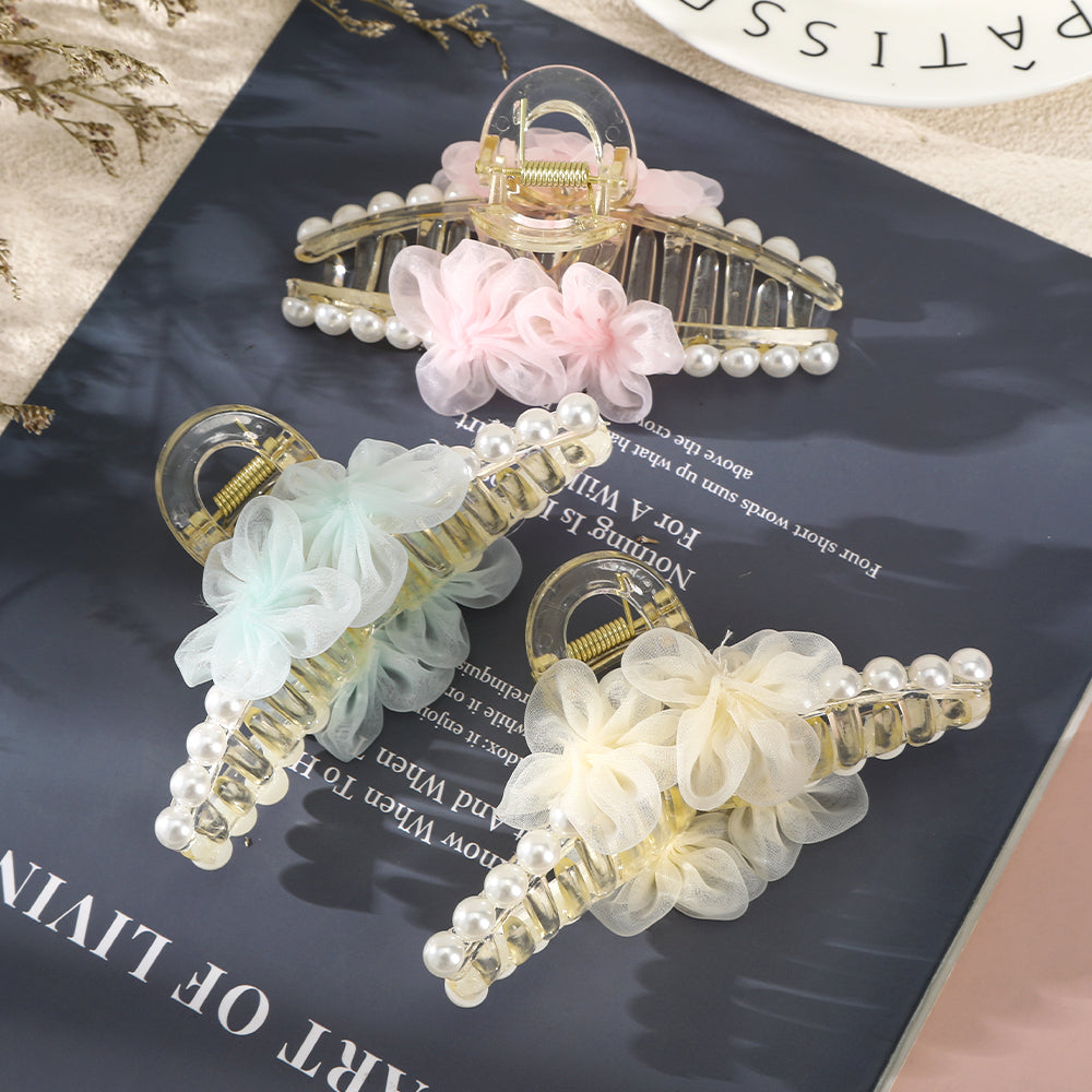 【Awaytr】CB1273 12cm Mesh Flower Pearl Hair Comb