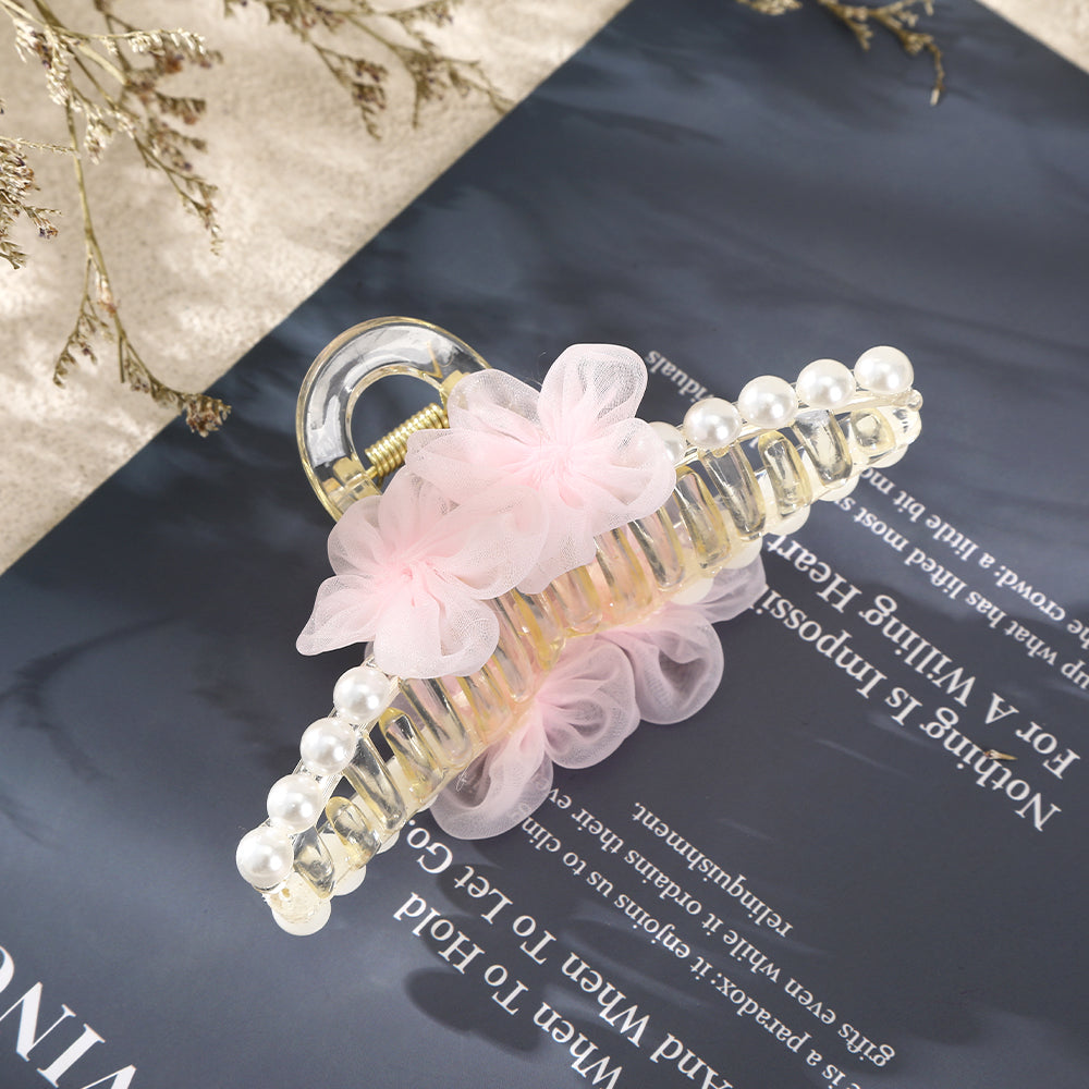 【Awaytr】CB1273 12cm Mesh Flower Pearl Hair Comb