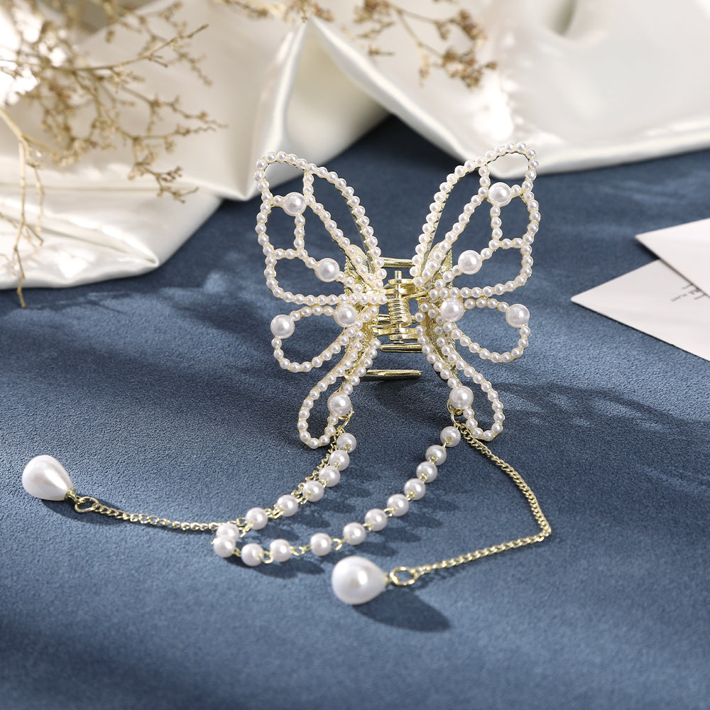 【Awaytr】CD1775 5cm Rhinestone Butterfly Pearl Tassel Hair Clip-