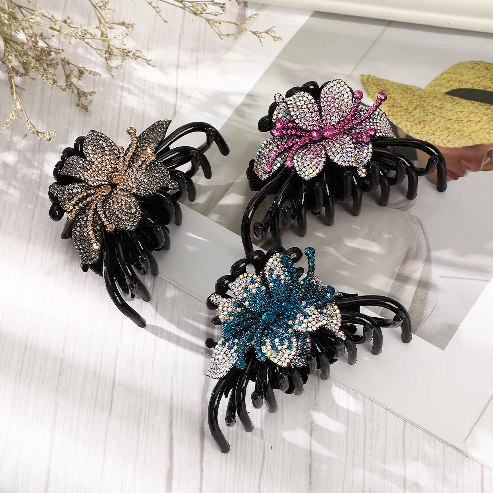 【Awaytr】CB1336 10cm full diamond flower multi-tooth hair claw clip