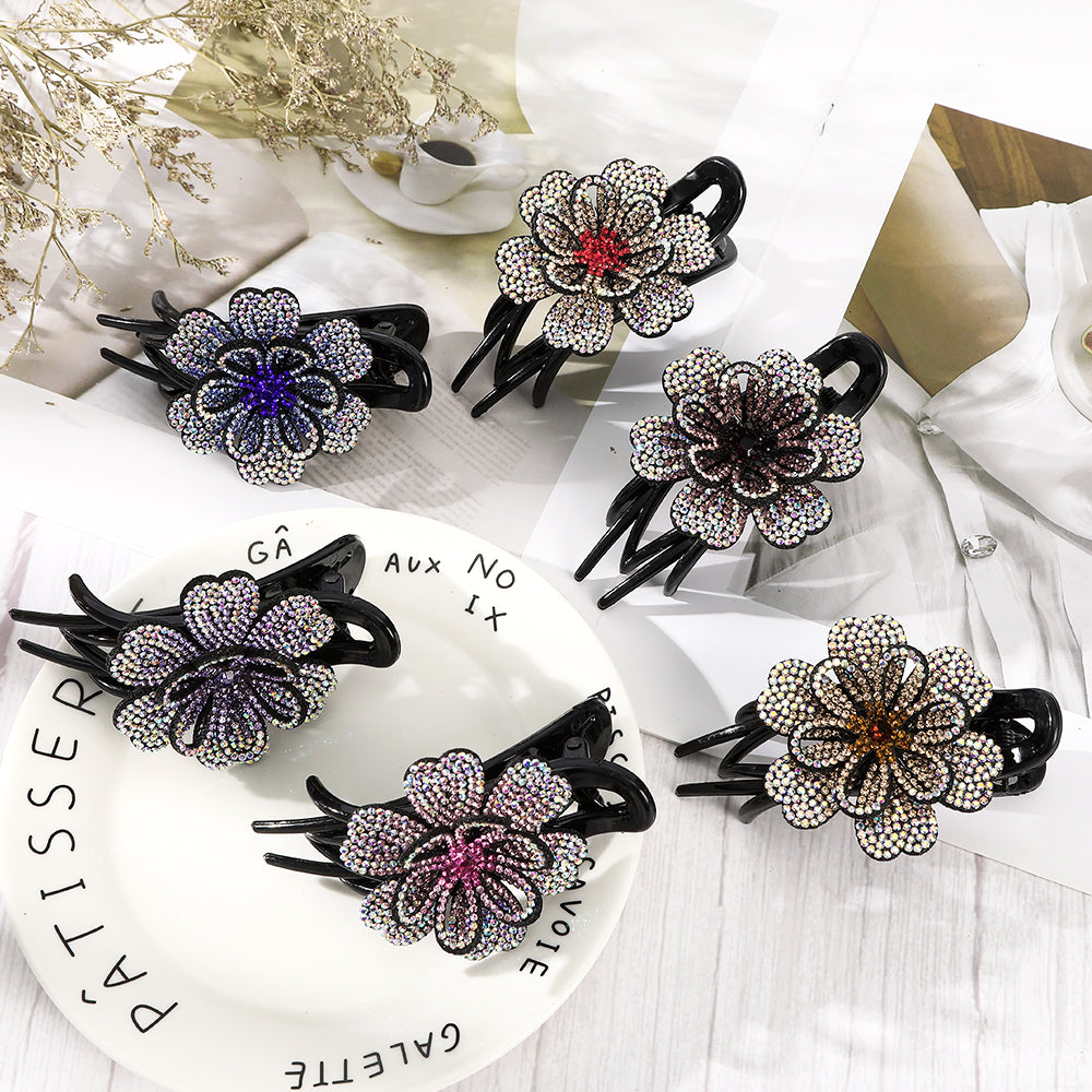 【Awaytr】CB1350 9cm Rhinestone Double Flower Hair Clip