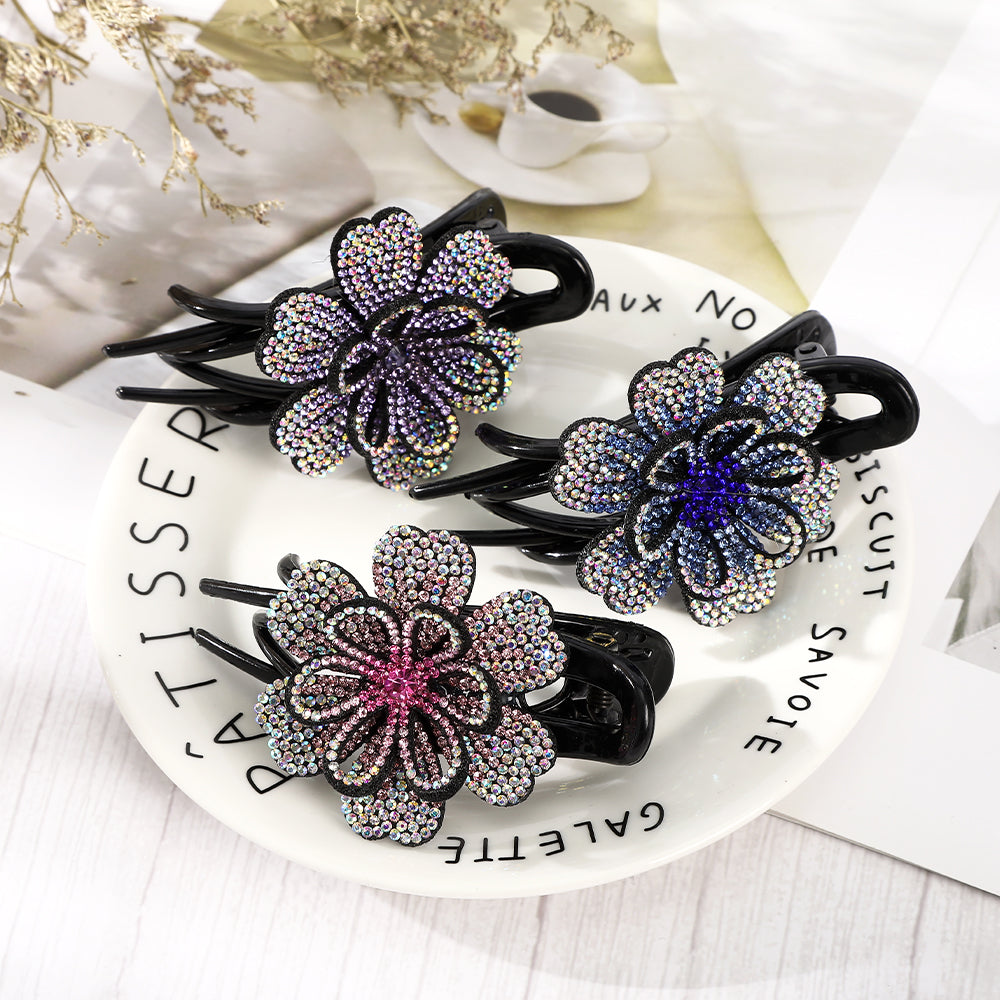 【Awaytr】CB1350 9cm Rhinestone Double Flower Hair Clip