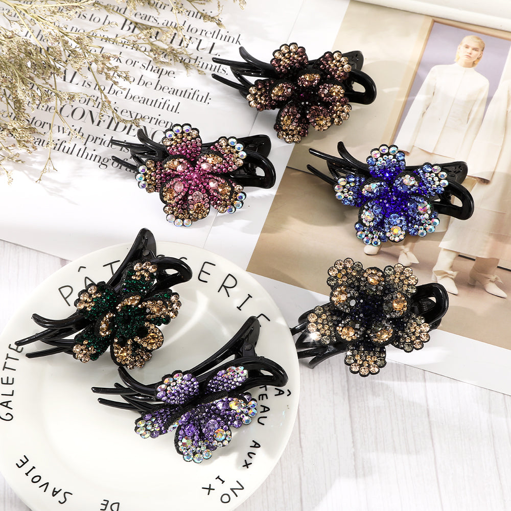 【Awaytr】CB1353 9cm Rhinestone Flower Tri-Tooth Hair Clip