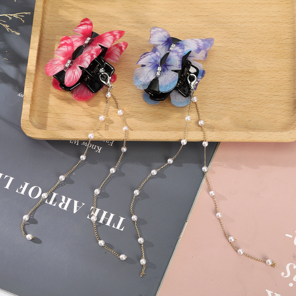 【Awaytr】CB1423 Double Butterfly Pearl Tassel Hair Clip