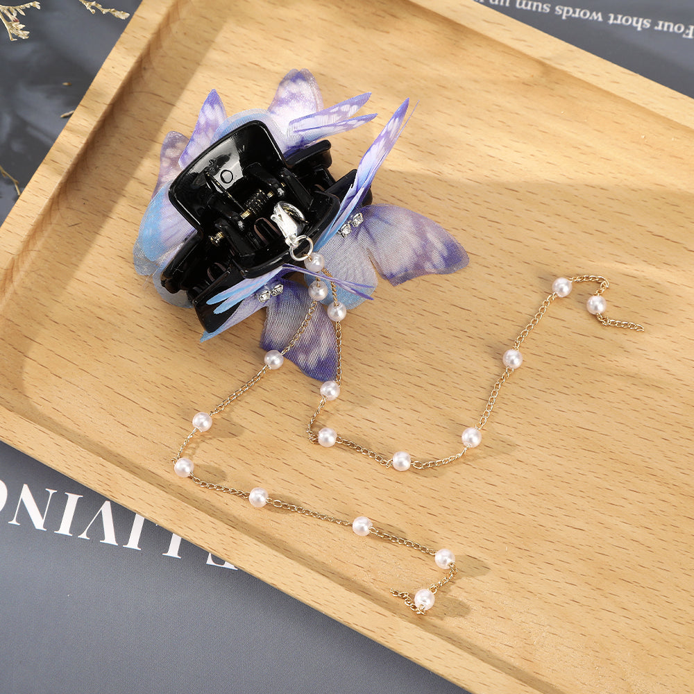 【Awaytr】CB1423 Double Butterfly Pearl Tassel Hair Clip