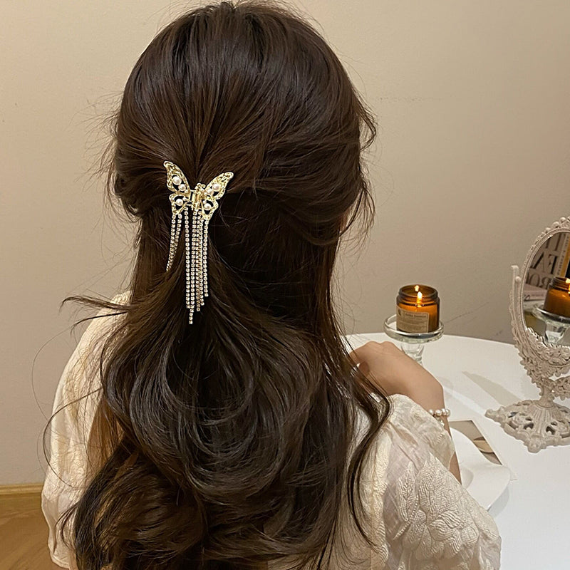 Awaytr】CB1381 Butterfly Rhinestone Tassel Hair Clip