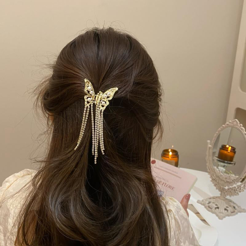 Awaytr】CB1381 Butterfly Rhinestone Tassel Hair Clip