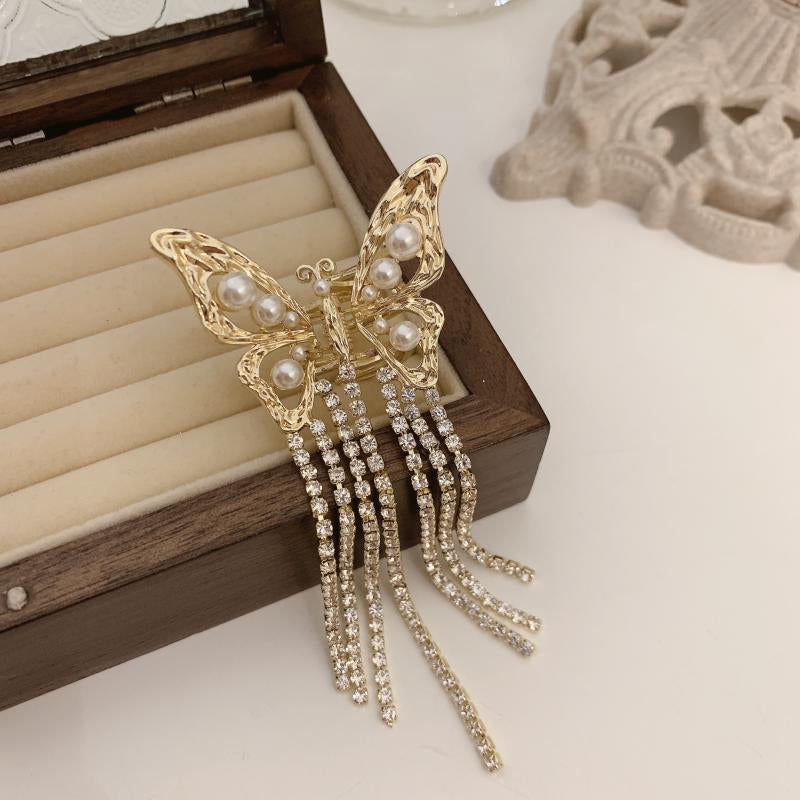 Awaytr】CB1381 Butterfly Rhinestone Tassel Hair Clip