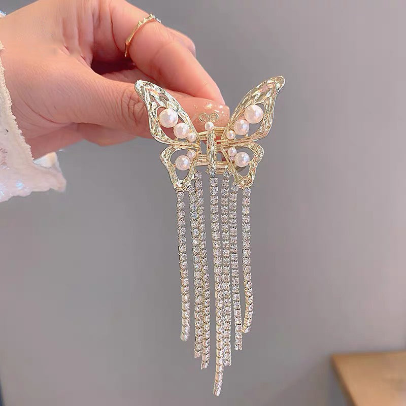 Awaytr】CB1381 Butterfly Rhinestone Tassel Hair Clip