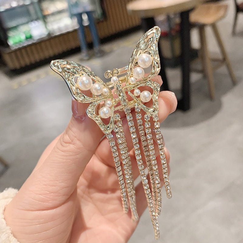 Awaytr】CB1381 Butterfly Rhinestone Tassel Hair Clip