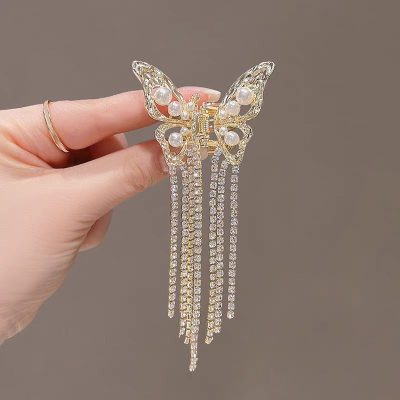 Awaytr】CB1381 Butterfly Rhinestone Tassel Hair Clip