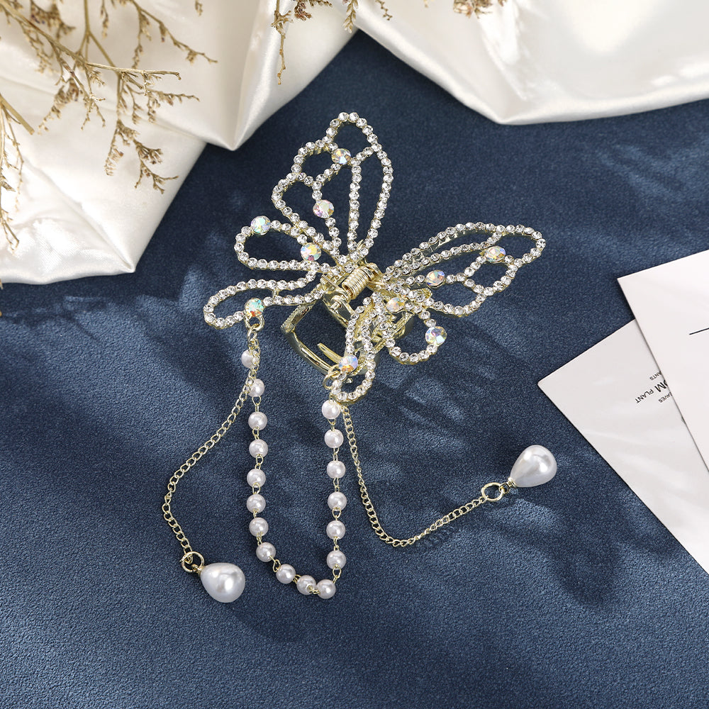 【Awaytr】CD1775 5cm Rhinestone Butterfly Pearl Tassel Hair Clip-