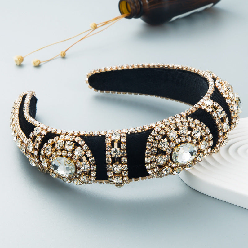 【Awaytr】SD0717 Gold velvet rhinestone wide-brimmed sponge headband