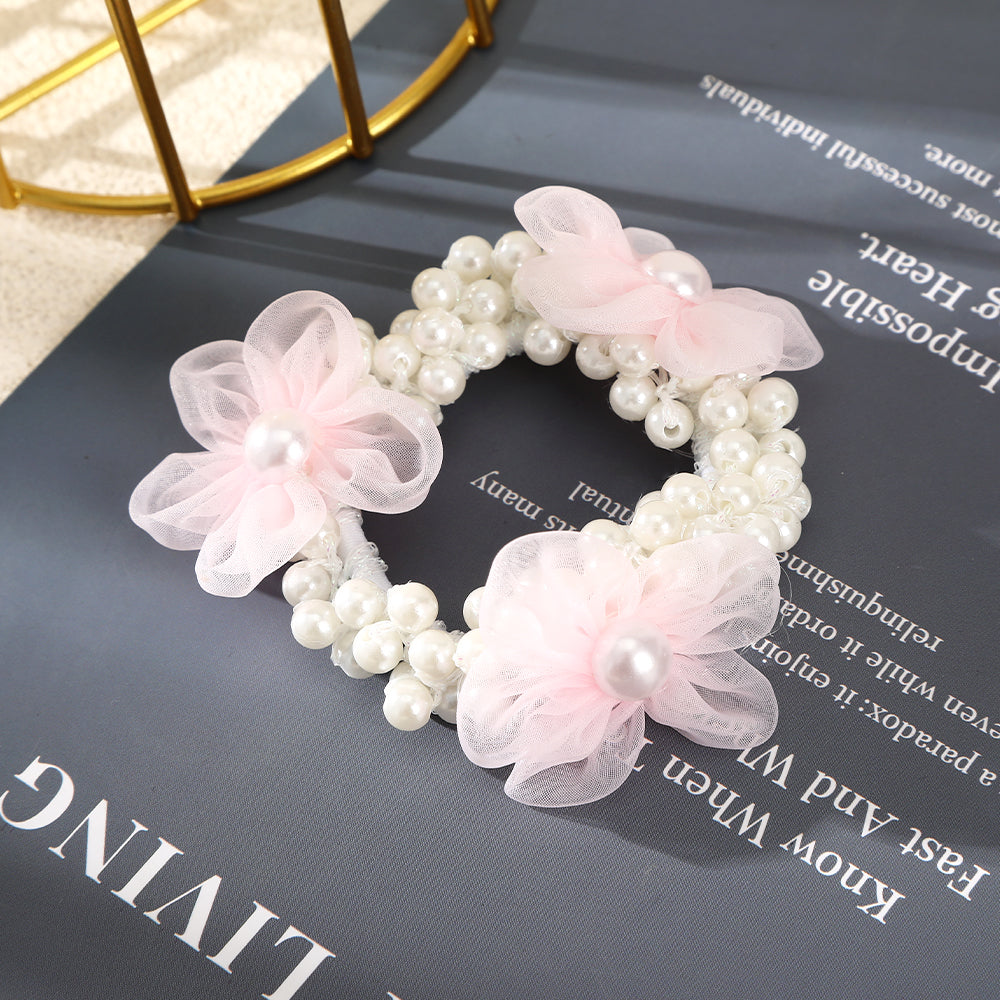 【Awaytr】CB1276 Mesh Pearl Flower Hair scrunchies