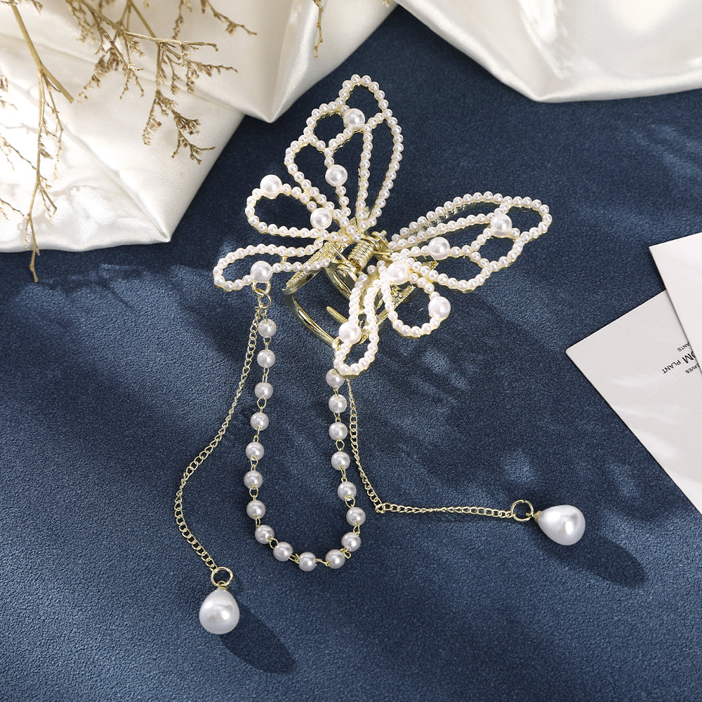 【Awaytr】CD1775 5cm Rhinestone Butterfly Pearl Tassel Hair Clip-