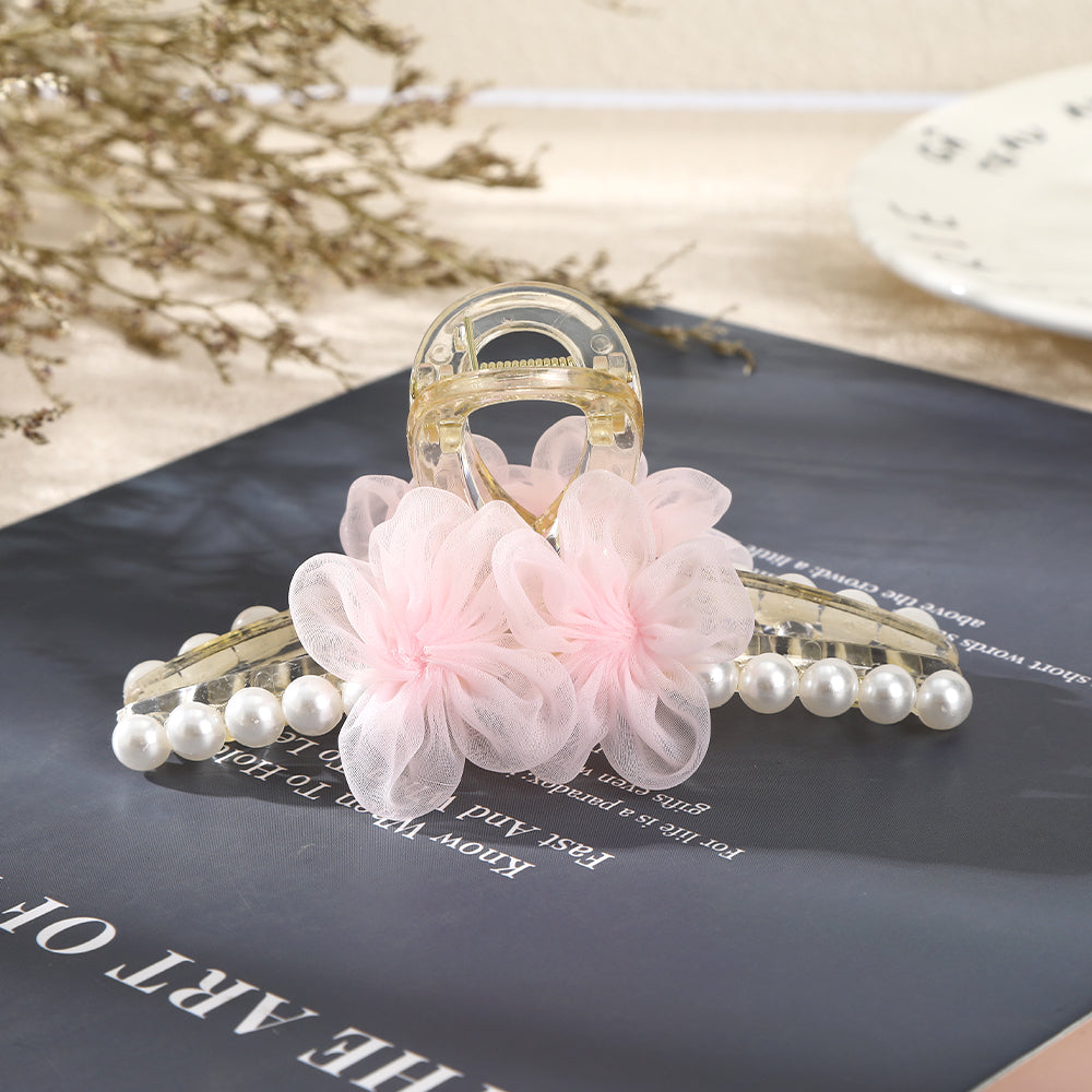 【Awaytr】CB1273 12cm Mesh Flower Pearl Hair Comb