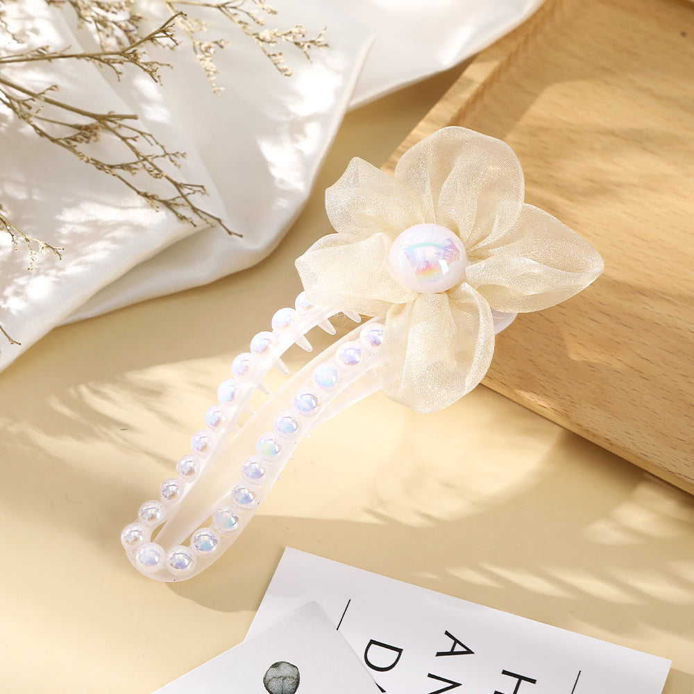 【Awaytr】 CD1770 12cm mesh flower pearl duckbill clip