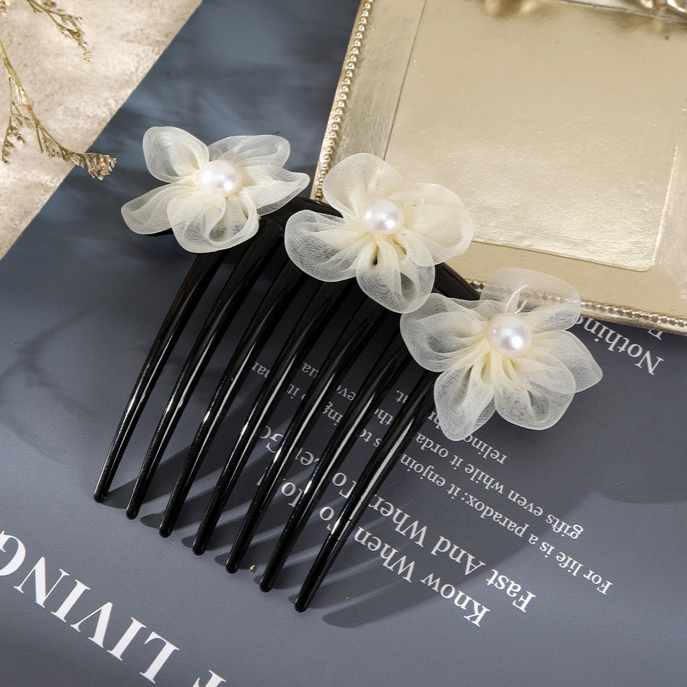 【Awaytr】CB1272 12cm Mesh Flower Pearl Hair Comb