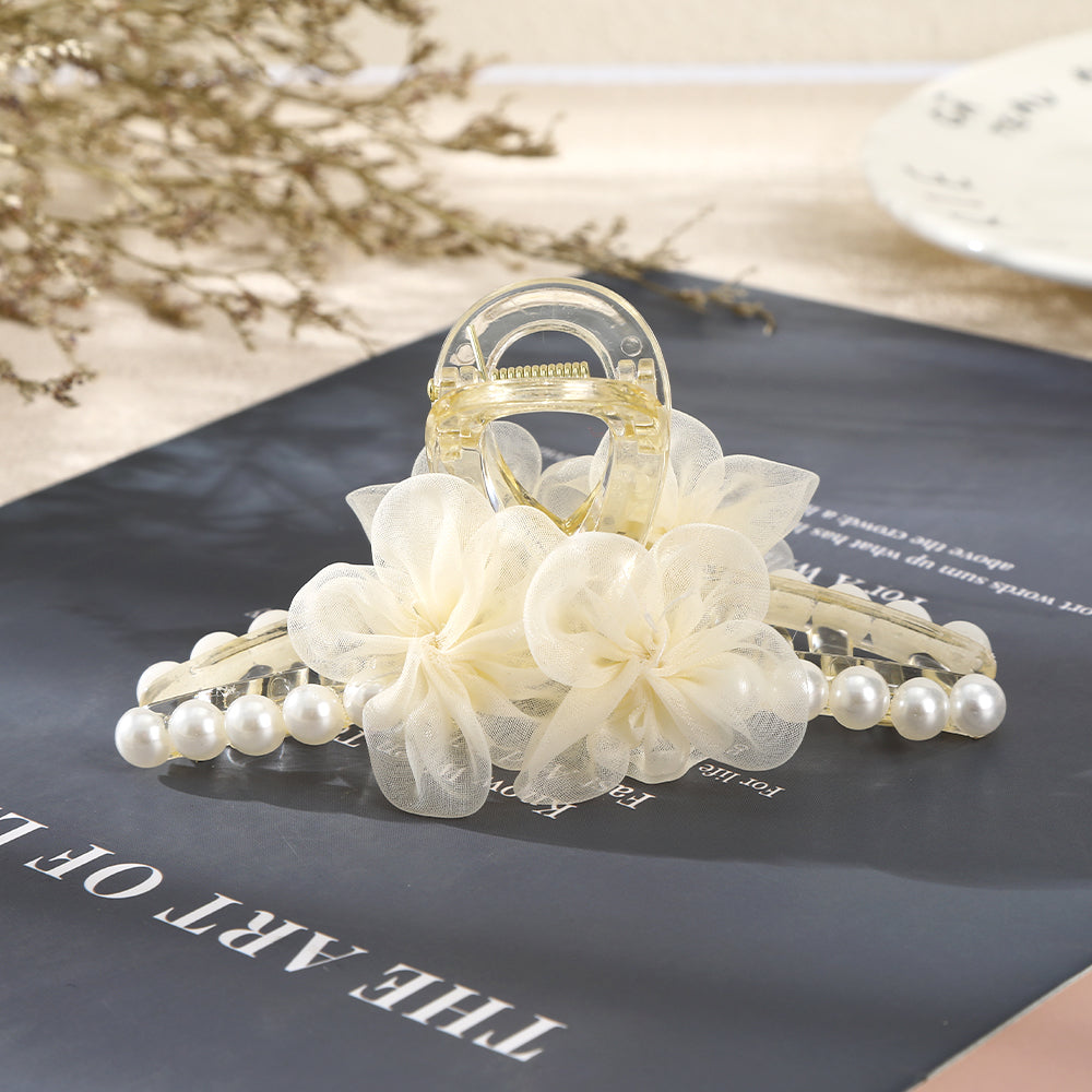 【Awaytr】CB1273 12cm Mesh Flower Pearl Hair Comb